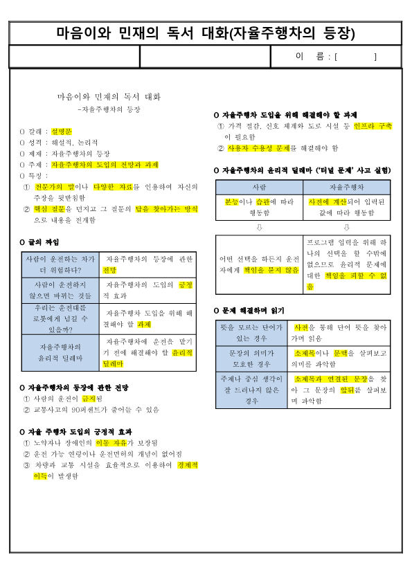 (요점 정리) 마음이와 민재의 독서 대화(자율주행차의 등장)