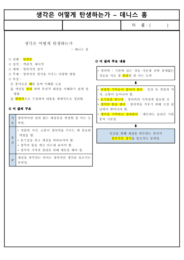 (요점 정리) 생각은 어떻게 탄생하는가 – 데니스 홍