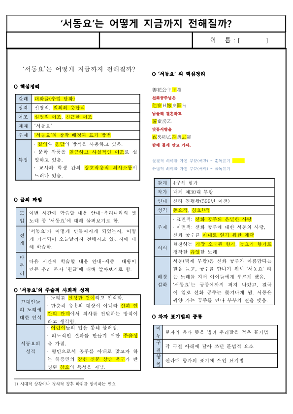 (요점 정리) ‘서동요’는 어떻게 지금까지 전해질까?
